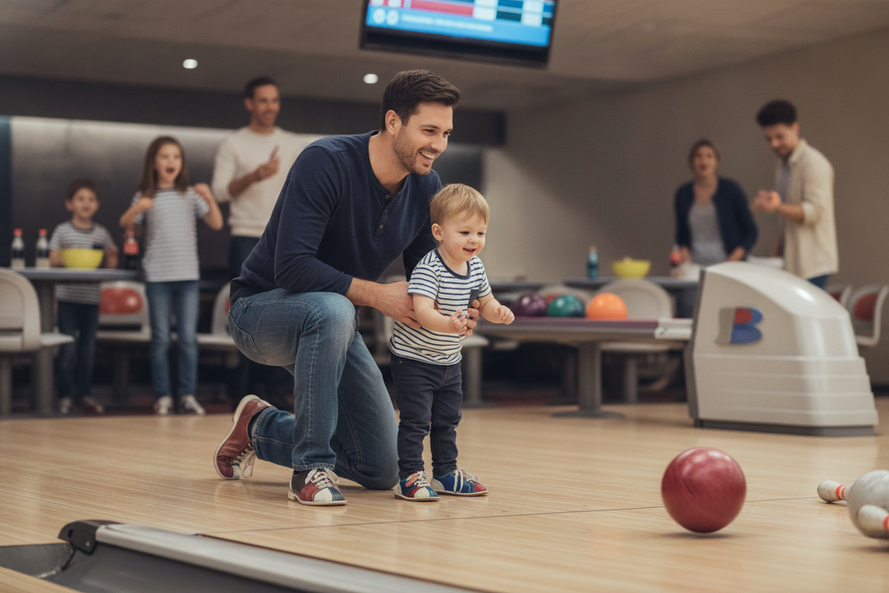 dad wearing jeans and henley shirt for comfortable family bowling outfit