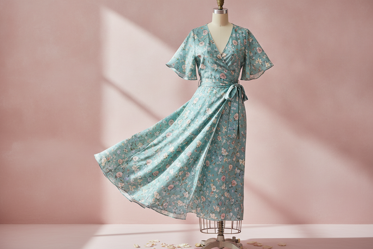 teal base floral print wrap dress with tie waist for spring events