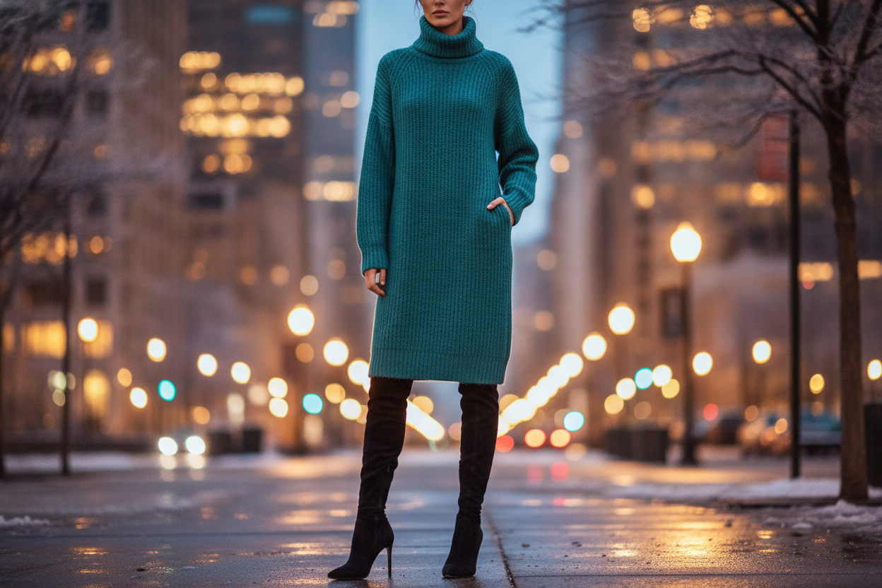 teal turtleneck sweater dress with over-the-knee boots for winter date night