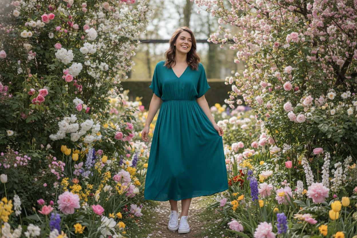 woman wearing teal midi dress with white sneakers for spring casual outfit