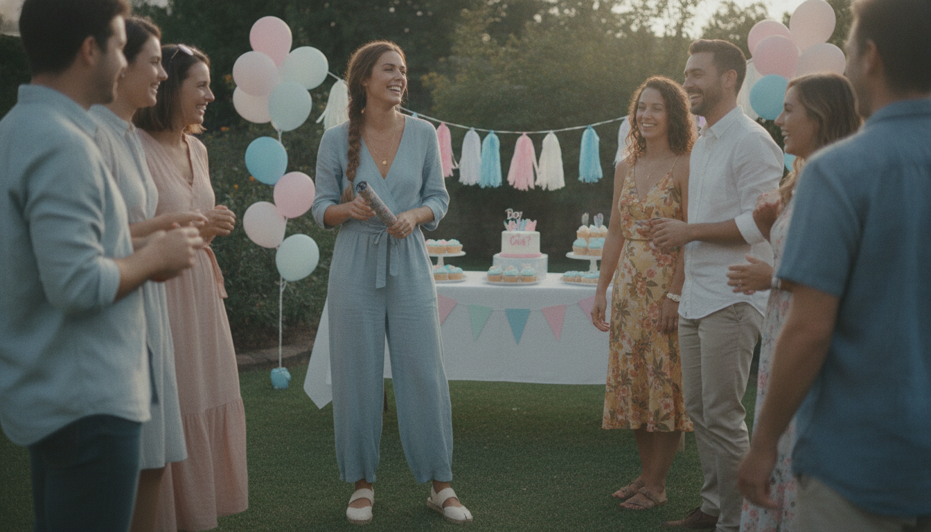 Confident guest enjoying gender reveal party in comfortable stylish outfit