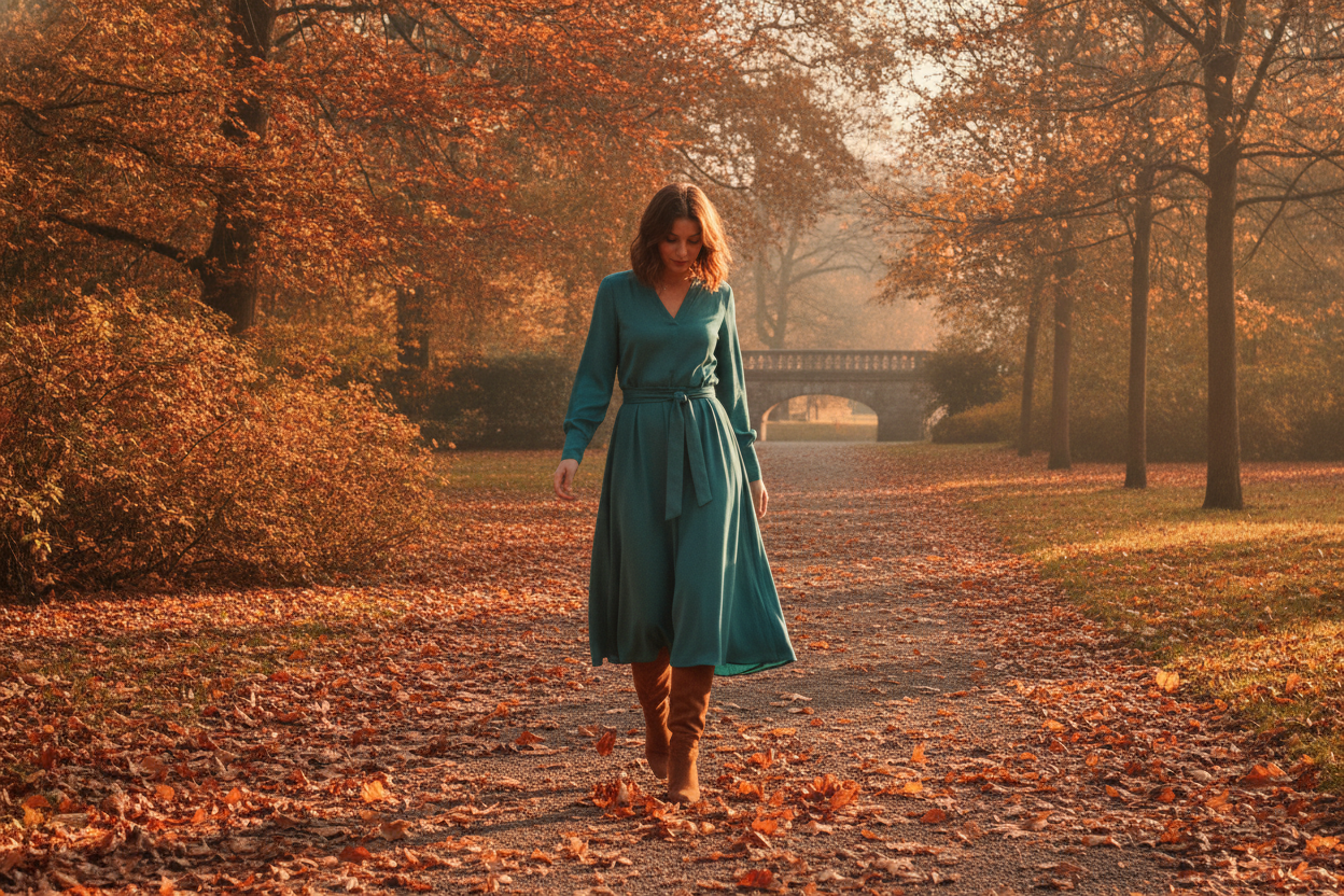 teal long sleeve midi dress styled with brown knee-high boots for fall