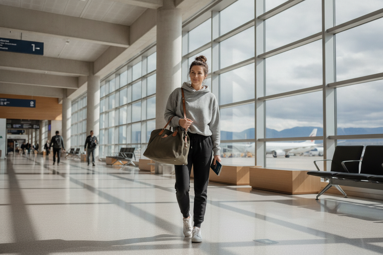 woman wearing black joggers and oversized hoodie at airport