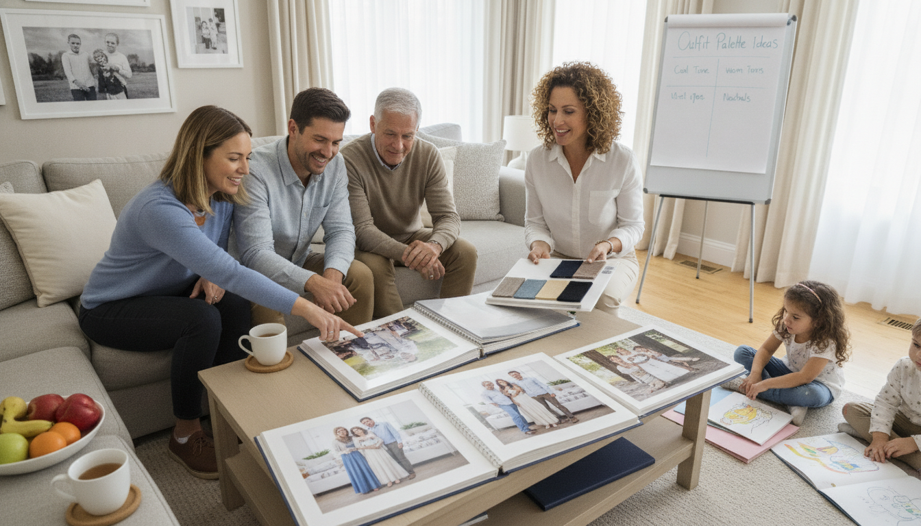 Family photographer discussing outfit choices with clients