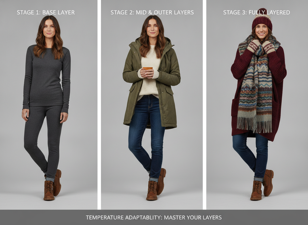 layered airplane outfit showing temperature adaptability