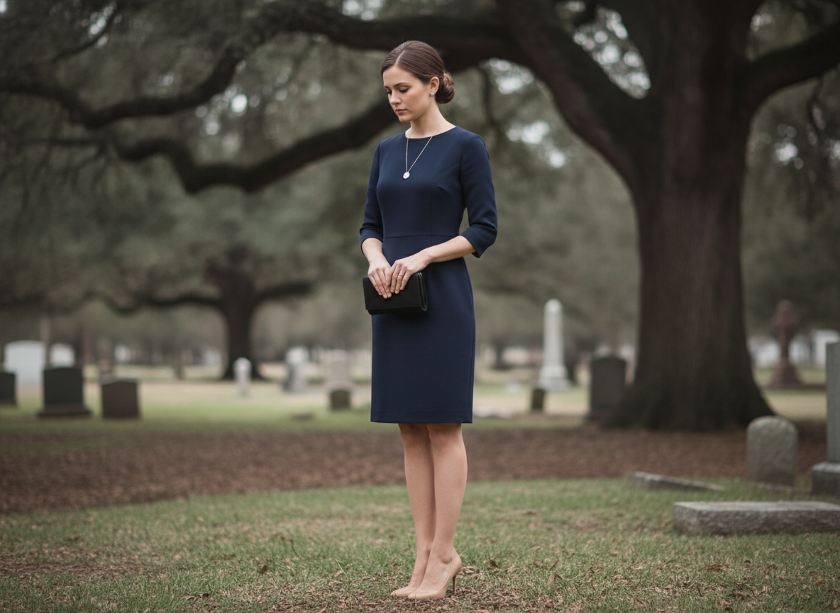 Woman wearing navy shift dress for funeral visitation