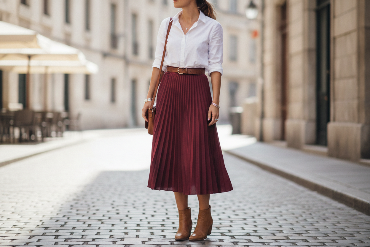 Midi skirt with tucked shirt and belt