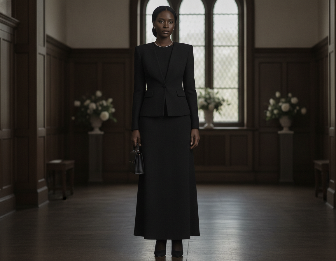 Black maxi dress showing modest funeral styling